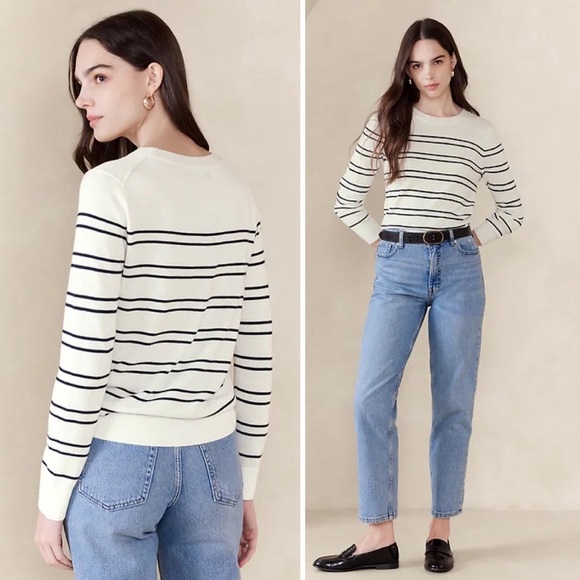 BANANA REPUBLIC Striped Forever Sweater NWT in Snow Day Cream & Black Stripes S - Picture 1 of 11